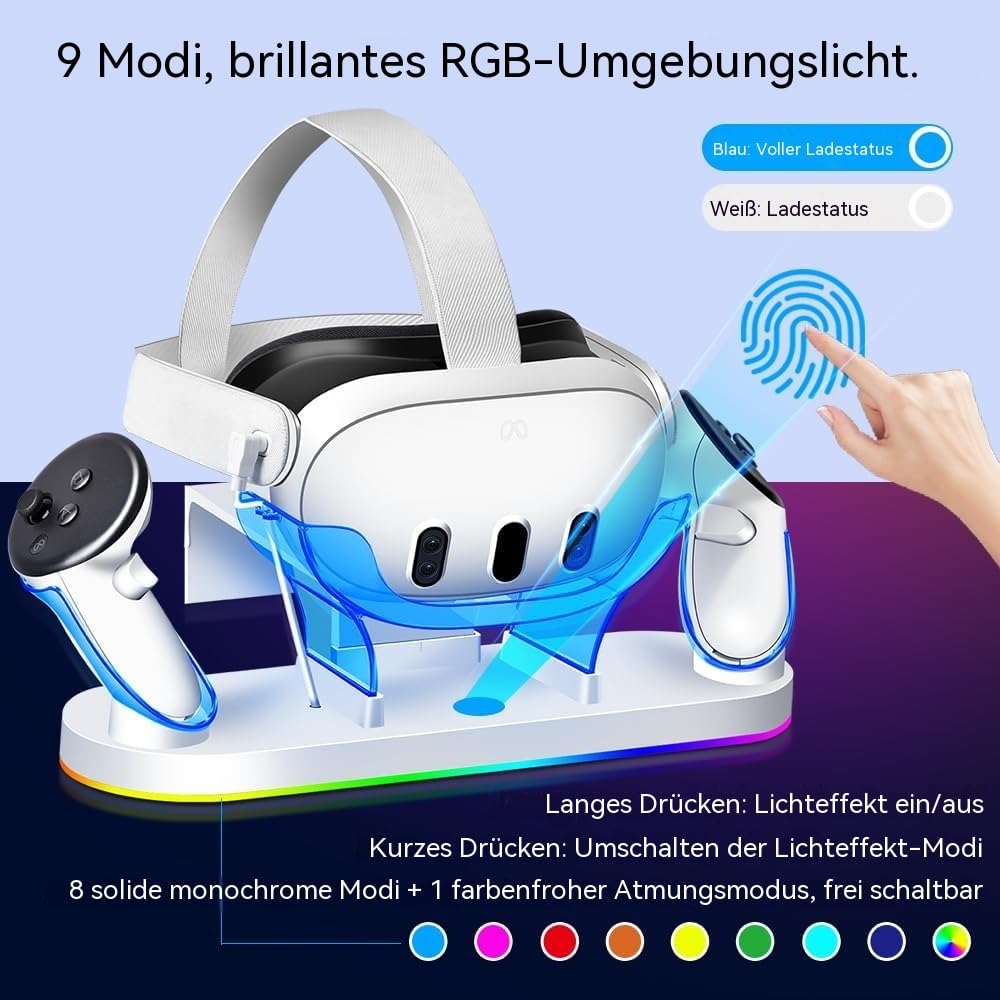 Ladebasis für Meta Quest 3/3S, 18W Schnellladegerät mit 2 wiederaufladbaren Akkus, 8 LED-Beleuchtungsmodi, USB-C Ladezubehör, Kompatibel mit Elite-Kopfgurt und Akkugurt