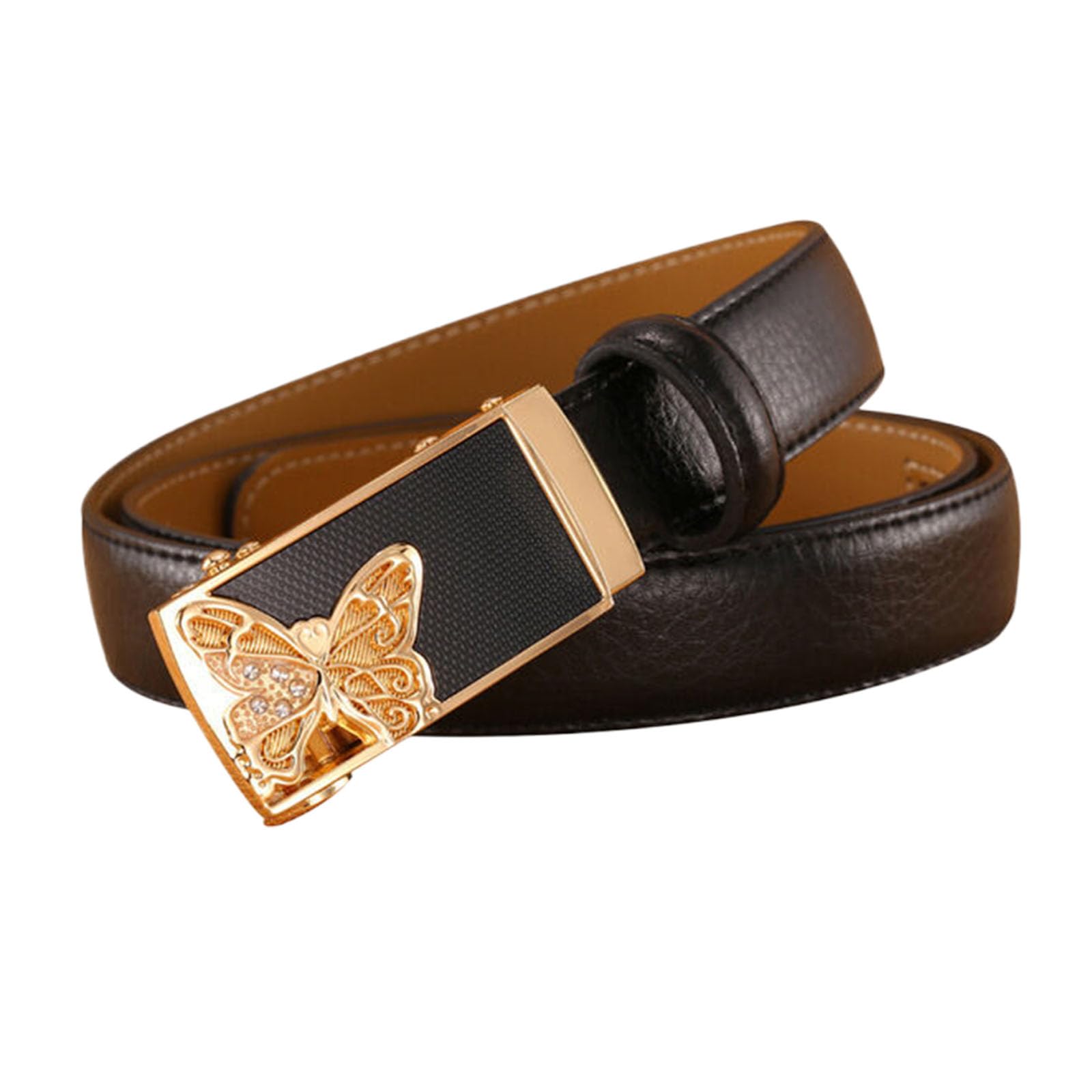 Womens Butterfly Ratchet Genuine Leather Belts Adjustable Ratchet Thin Belt with Alloy Buckle