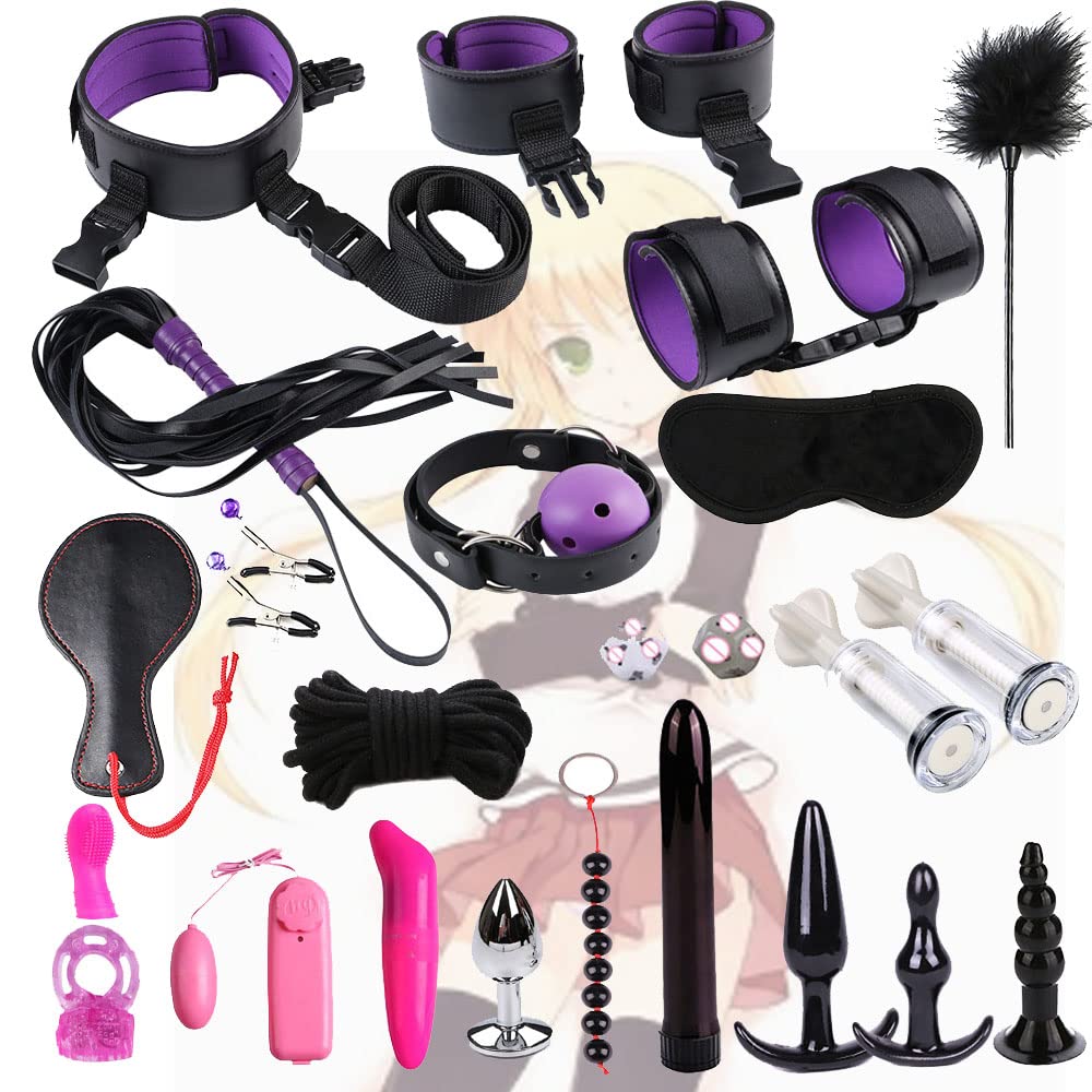 Juego de Ejercicios de Yoga Multifuncional de 24 Piezas con Tobillos y muñecas Ajustables, Juego de contracción de Estera de Yoga de Cualquier tamaño (Negro y Morado)