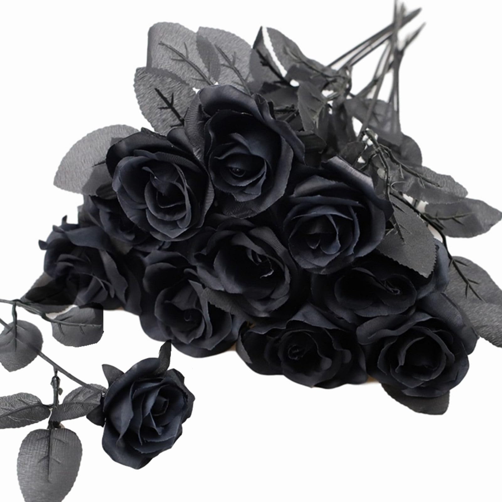 TUZAZO 10pcs Black Roses Artificial Flowers with Stems, Faux Silk Flowers Bridal Gothic Wedding Bouquet, Realistic Blossom Flora for Home, Office, Hotel Decorations