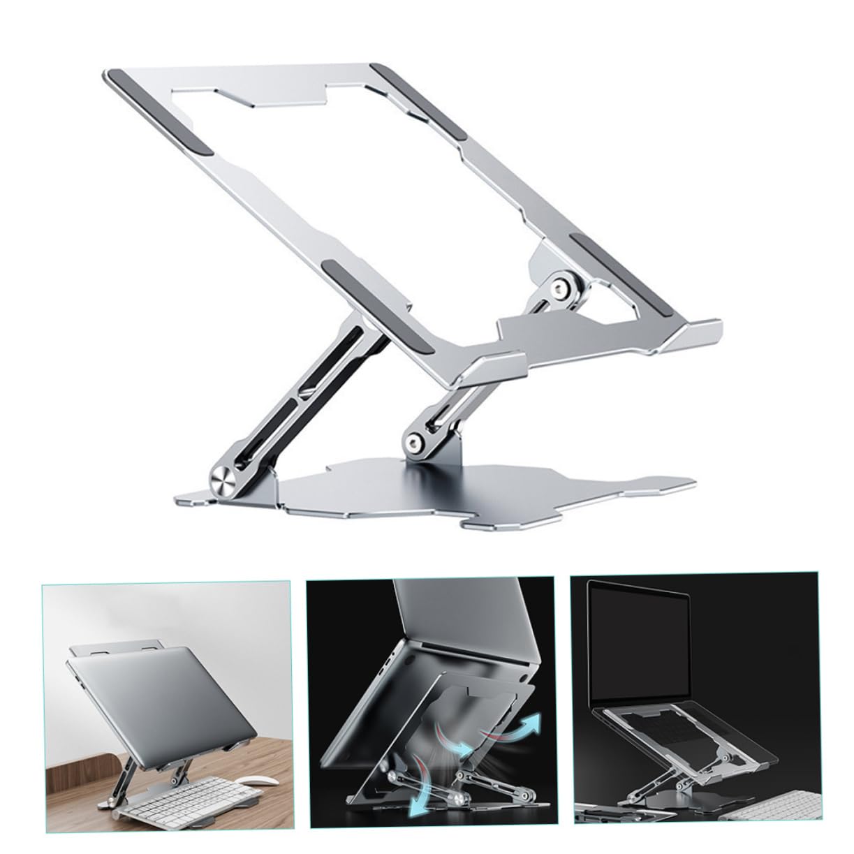 Supporto per Laptop Regolabile Pieghevole in Lega di Alluminio Argento | Struttura a Vite Solida, Altezza Variabile, Portatile per Ufficio e Lavoro All'aperto