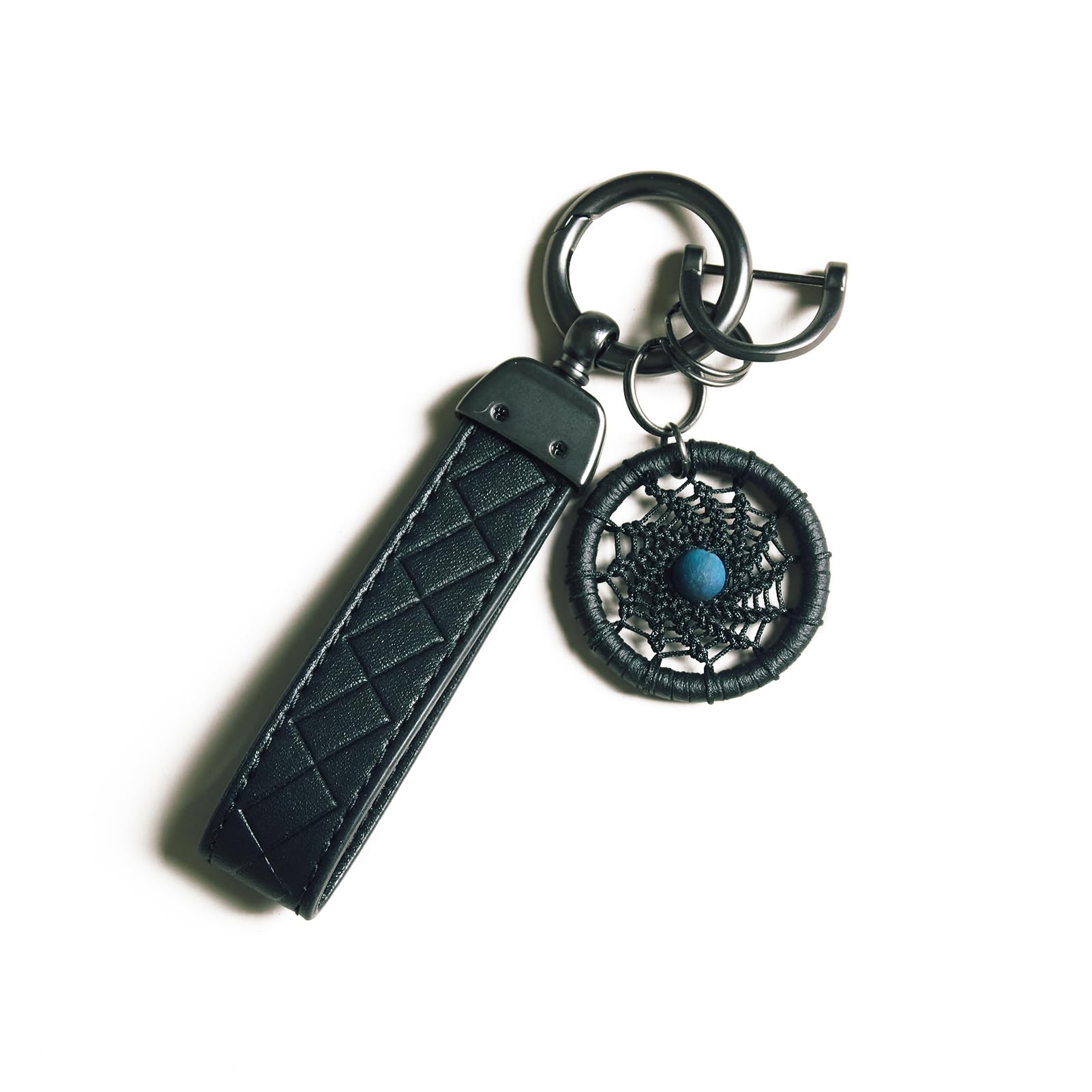 Miamor Handmade Dream Catcher Keychain, Key Ring?Small Dream Catcher with Black Leather,Blue Stone Beads