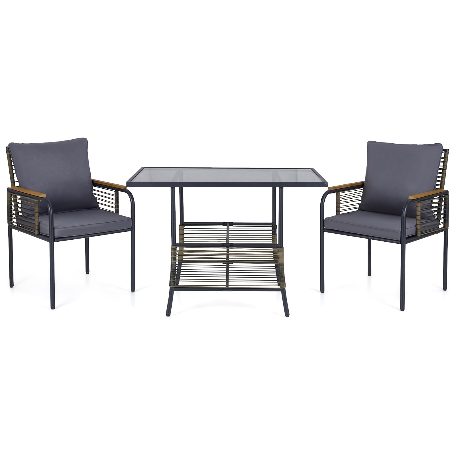 GIANTEX Set Mobile da Giardino in PE Rattan, Tavolo e 2 Sedie con Piano in Vetro Temperato, Cuscini Morbidi e Braccioli in Legno-Plastica, Salotto da Estemo per Cortile, Patio, Piscina (Grigio)