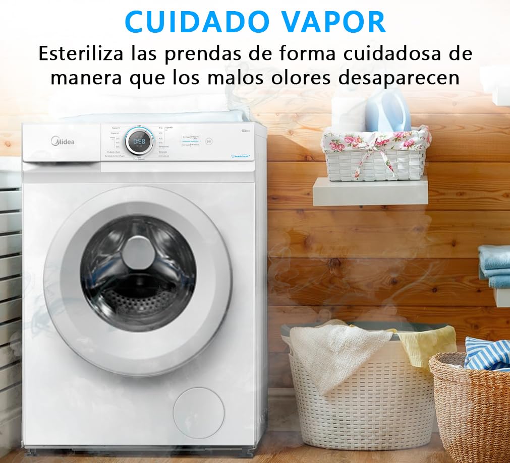 Midea Lavadora Carga Frontal 8kg de 1400 rpm y panel digital - Lavadoras con 15 Programas + Diseño Superior Ultra Slim - Maquina de Lavado de Libre Instalación - Función de Vapor y Modo Eco