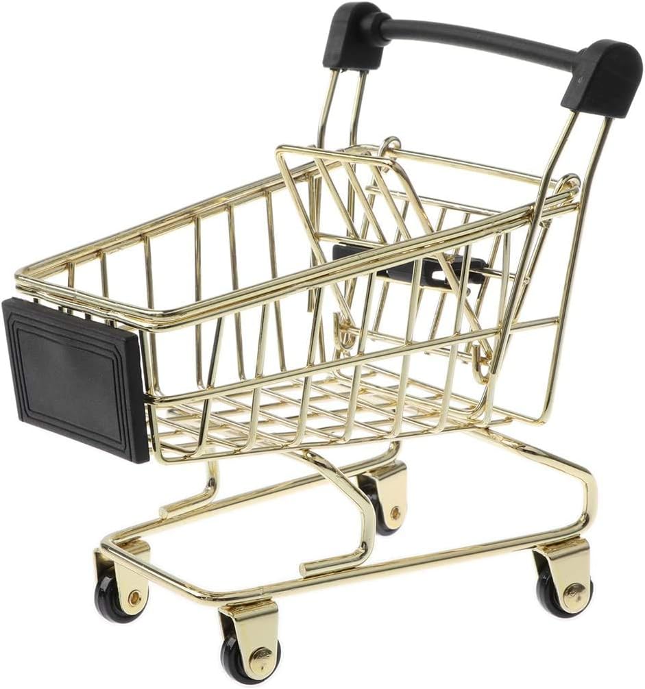 Mini Shopping Cart Trolley Mini Supermarket Handcart Shopping Utility Cart Mode Storage Basket for Desktop Decoration - Golden S