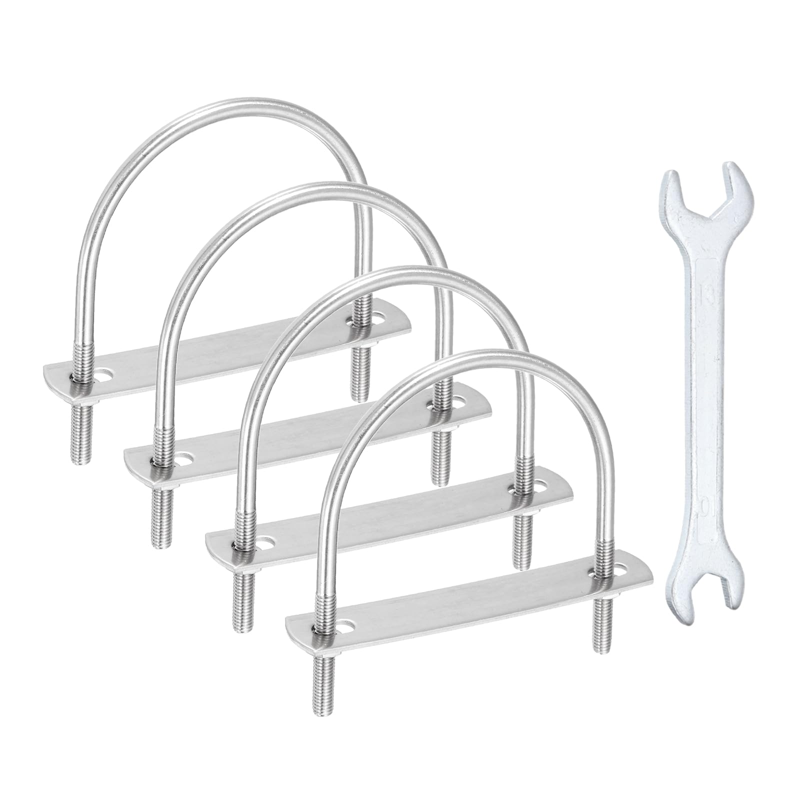 sourcing map 4Pcs M6 U-Bolts, 3.18"(81mm) Inner Width 3.82"(97mm) Length 304 Stainless Steel Round Bend U Bolts with Nuts Frame Plate Washers and Wrench for Trailers Boats Axle Sailboat — image 1