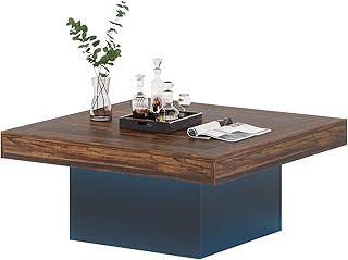 Tribesigns Farmhouse Coffee Table Square LED Engineered Wood Low Coffee Table for Living Room Rustic Brown & Black