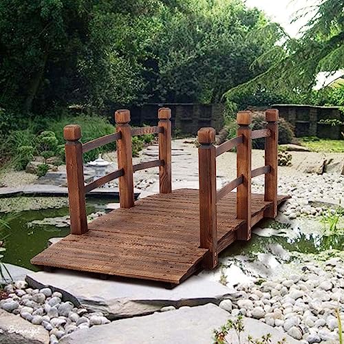Gruytoie Wooden Garden Bridge, Classic Wood Arc Footbridge w/Safety Rails
