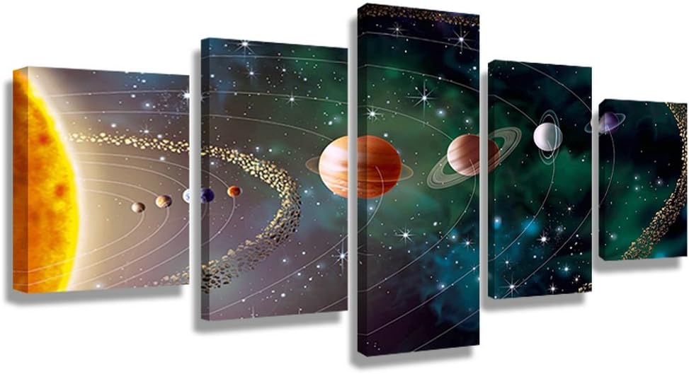 5 Panel Solar system, planets, Earth Sciences by satellite Cosmos silk Canvas posters, children bedroom decoration posters science(60"W x 32"H, Framed) CrmOArt