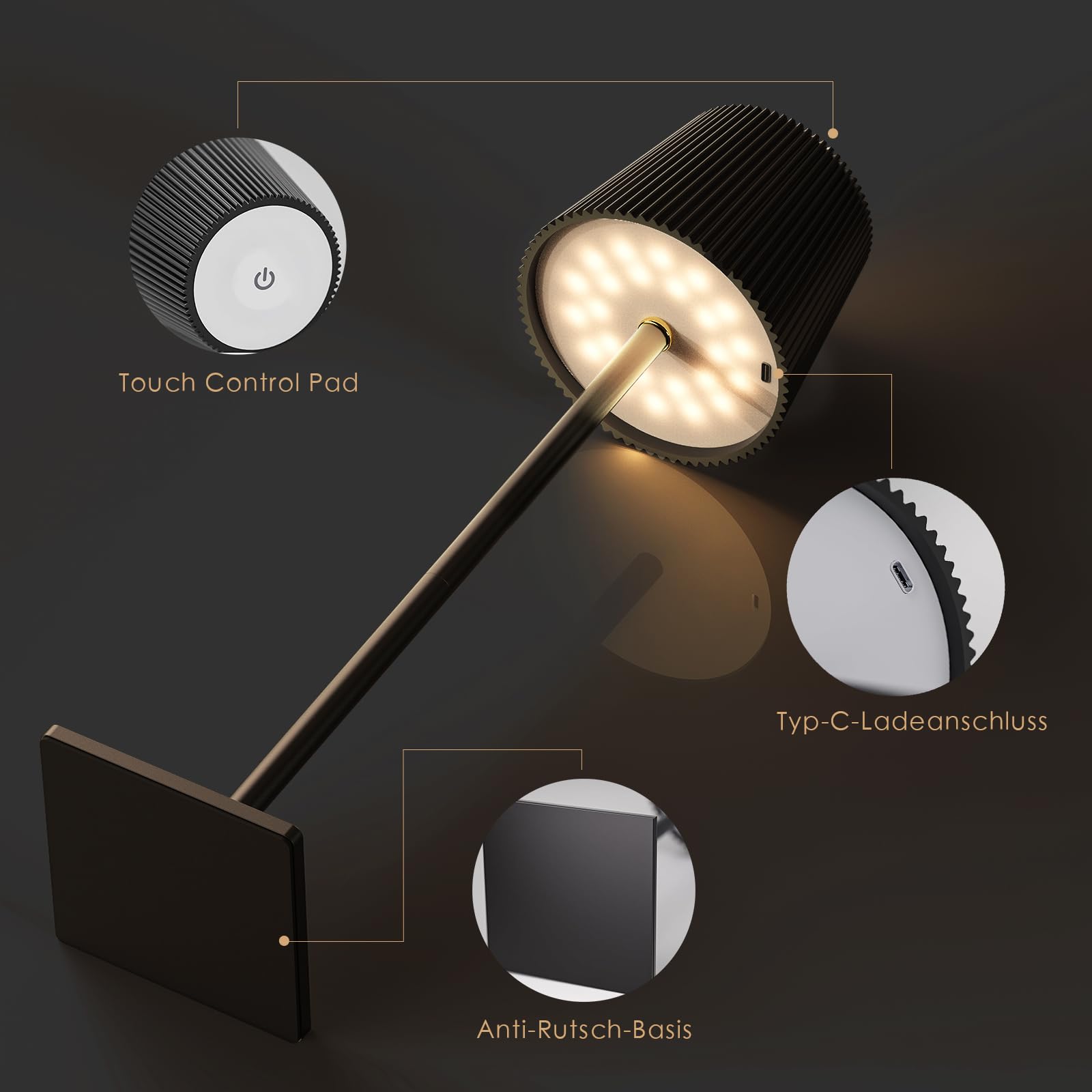 Lixada LED Dimmbare Tischlampe Kabellose mit Akku und Touch, Tischleuchte Höhe individuell anpassbar mit USB-C, IP54 Wasserdichte outdoor lampe,2 stück