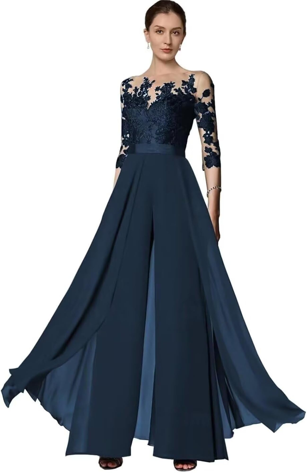 2 Stück Chiffon Hosenanzug Damen Festlich Elegant - Spitze Hochzeit Jumpsuits 3/4 Ärmel Mutter der Braut Hosenanzüge