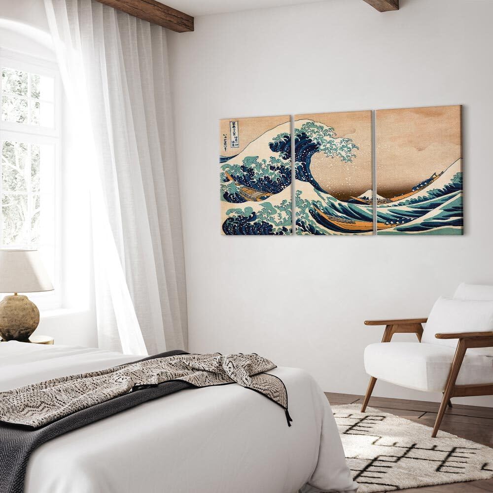 decomonkey Wandbilder Katsushika Hokusai 180x90 cm 3 Teilig Wandbild Groß | Leinwandbild XXL, Deko, Wohnzimmer, Schlafzimmer, Büro, Wanddeko, Leinwand, Pictures For Wall, Poster