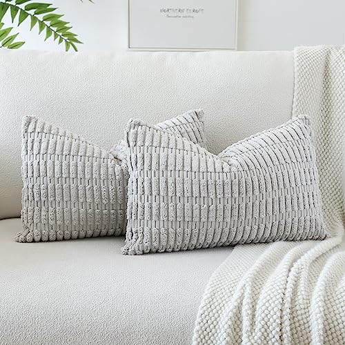 OTOSTAR Pack of 2 Soft Corduroy Decorative Throw Pillow Covers 16 x 24 Inch Boho Striped Pillow Covers Lumbar Cushion Case Couch Pillowcases for Sofa Bed Home Decor (Light Gray)