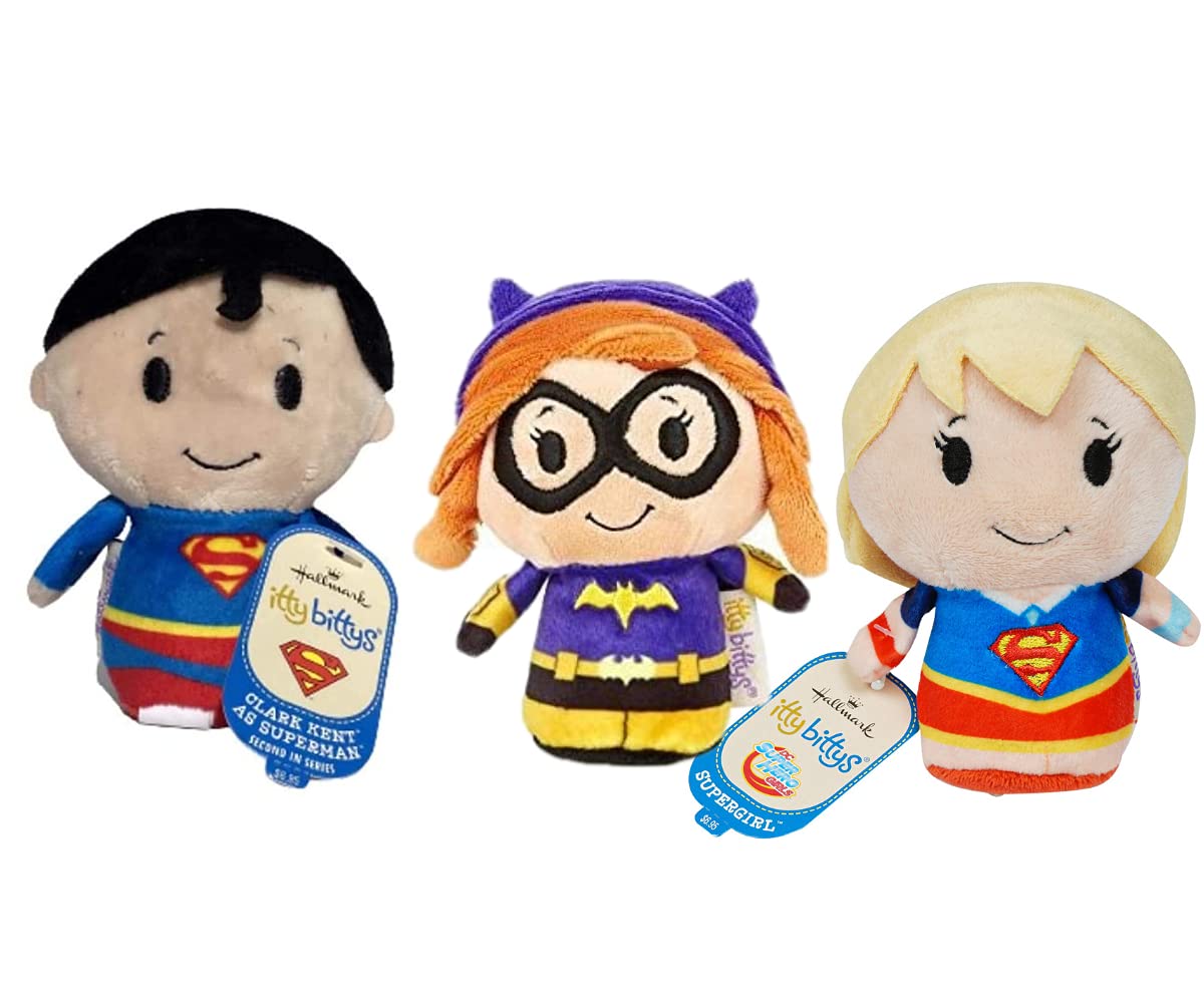 Hallmark Itty Bittys 3 Pack Bundle: Batgirl, Clark Kent as Superman & Supergirl Plush Super Heroes