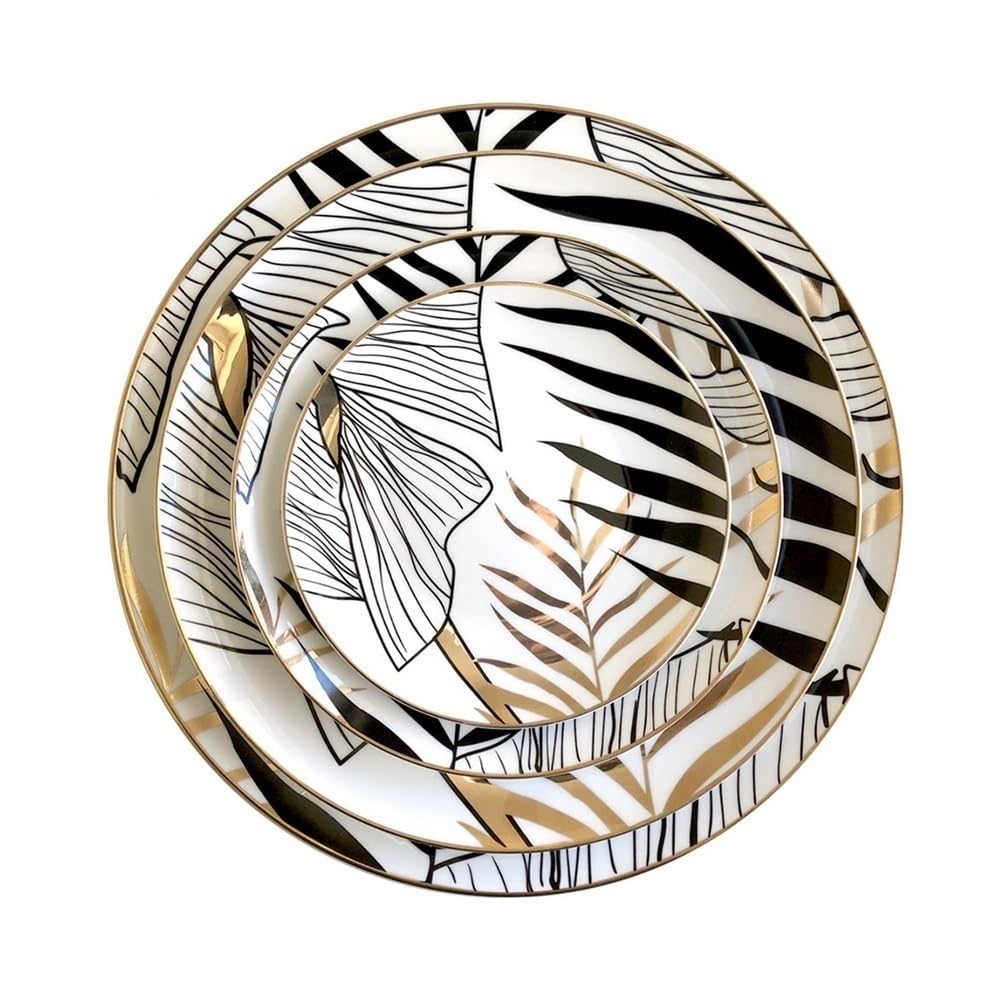 Talerze do makaronu, ceramiczne talerze deserowe zastawa stołowa ceramiczna zastawa stołowa czarny złoty liść dekoracja porcelana kostna świąteczny talerz domowy pieczony ryż talerz 4 szt.