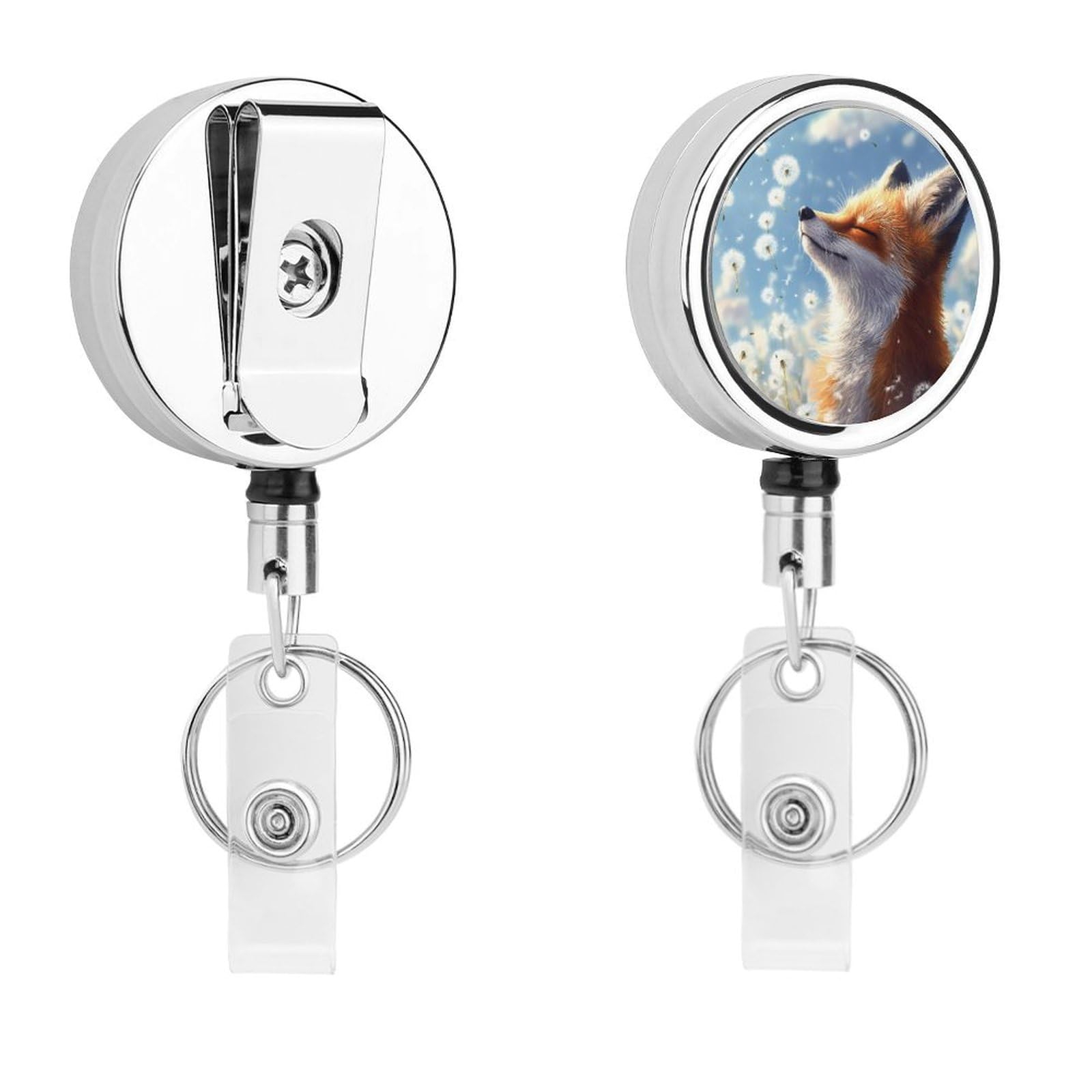 Dandelion Fox Retractable Badge Holder Metal ID Name Holder Key Ring with Belt Clip
