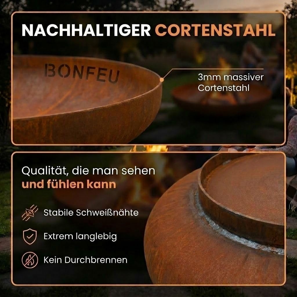 BonFeu BonBowl Feuerschale 80 cm - Feuerschalen für den Garten - Feuerstelle Outdoor - Feuerschale mit Opt. Grillrost aus hochwertigem Cortenstahl - Feuerkorb für den Garten - 80x80x21 cm
