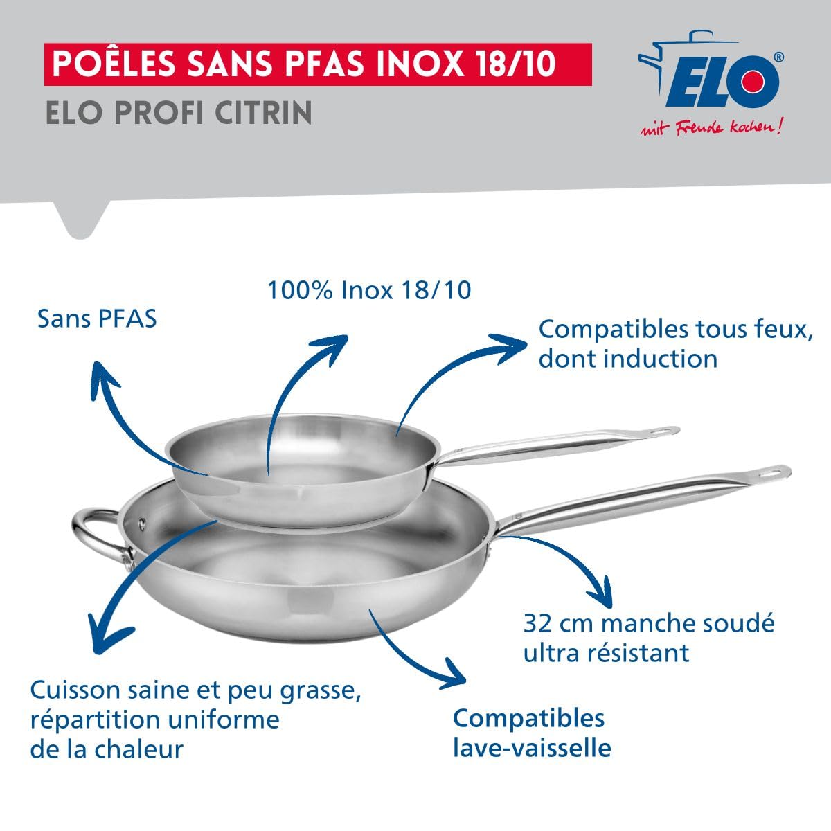 Elo Batterie cuisine 2 poêles 24/32 cm et 2 faitouts 12/14 cm