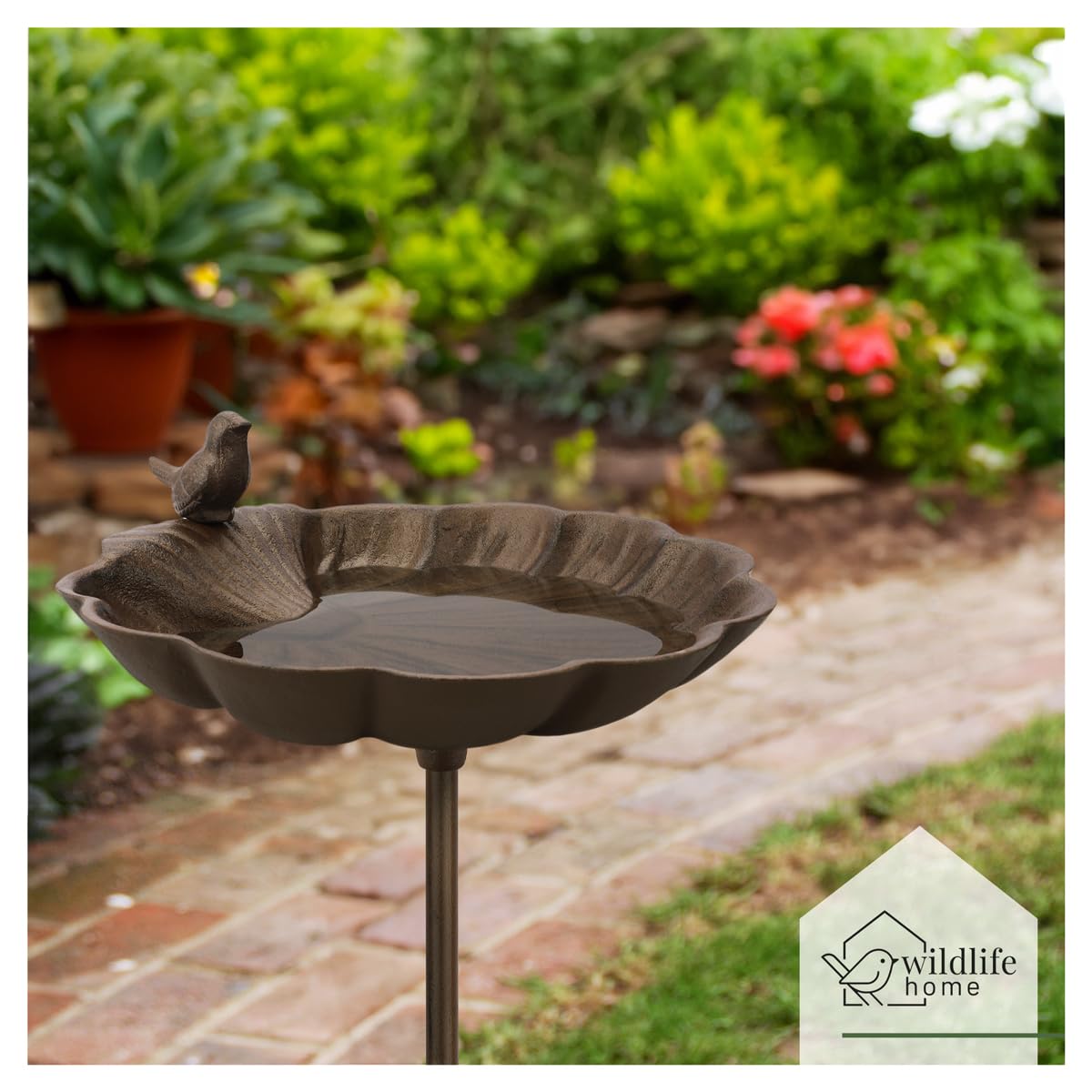 wildlife home Grande abbeveratoio per uccelli in piedi su asta, abbeveratoio per uccelli con picchetto da giardino, balcone, bagno per uccelli in ghisa resistente al gelo, abbeveratoio per uccelli,