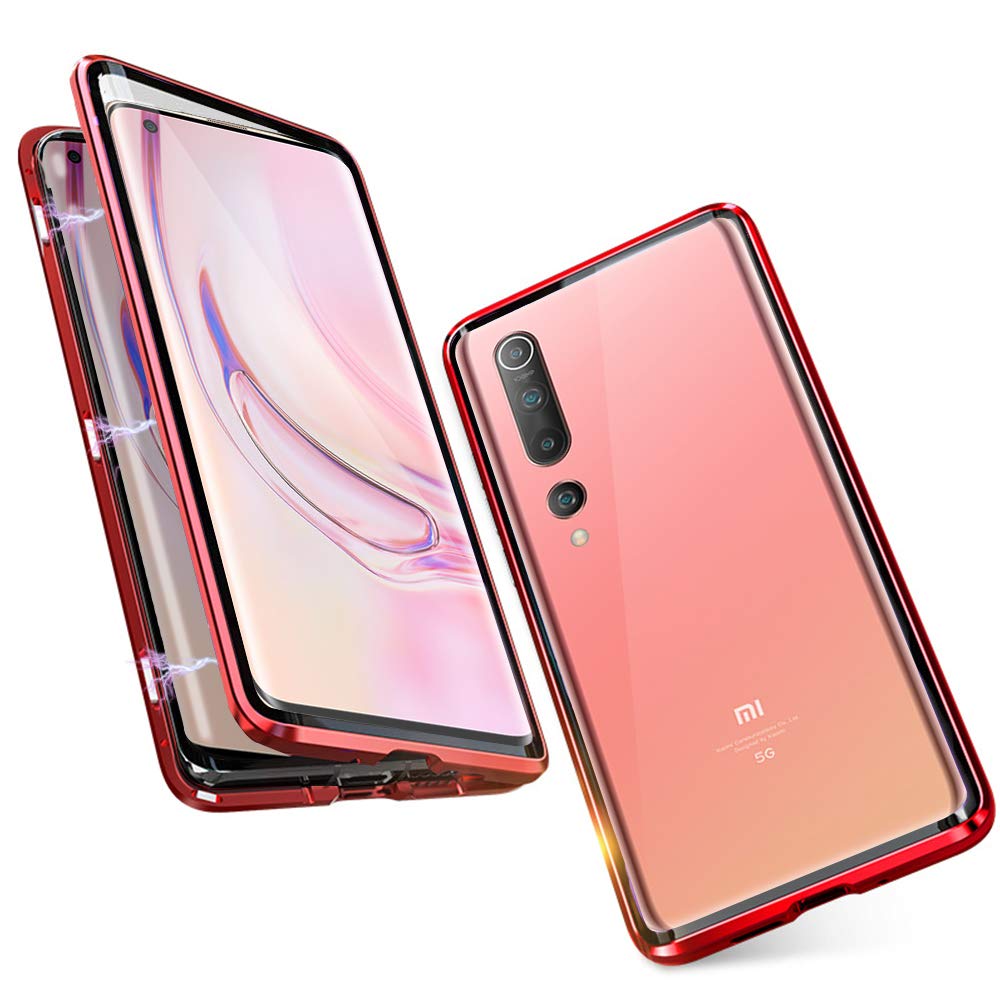 DoubTech Case for Xiaomi Mi 10 / Mi 10 Pro Magnetic Adsorption Cover 360 Degree Protection Aluminum Frame Tempered Glass Powerful Magnet Shockproof Metal Flip Cover - Red