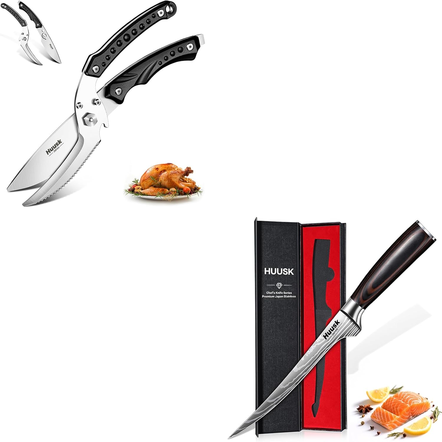 Huusk Filet Knife for Fish - 7 Inch Fish Fillet Knife Bundle with a Kitchen Scissors for Food,Flexible Boning Knives for Meat Cutting, Professional Japanese Fishing Knives for Meat Poultry Cutting