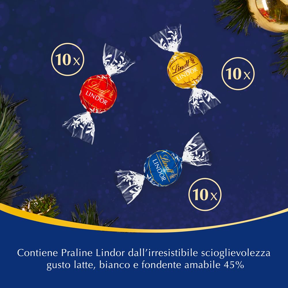 Lindt Momenti Natalizi, Scatola Regalo Natale, Cioccolatini per Natale, Praline Lindor Latte, Bianco, Fondente 45% e corpi cavi di cioccolato al latte, formato scorta 693g.