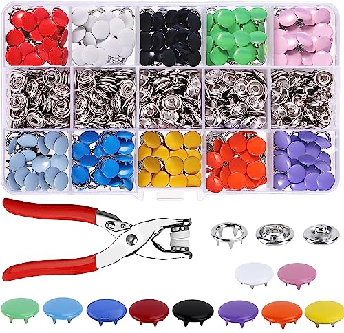 Druckknöpfe, Metall Druckknöpfe Kit Mit Zange 9,5mm Jersey Druckknöpfes 10 Farben,Für DIY Basteln Baby Kinder Kinderbekleidung (200sets Feste Knopfe+tool)