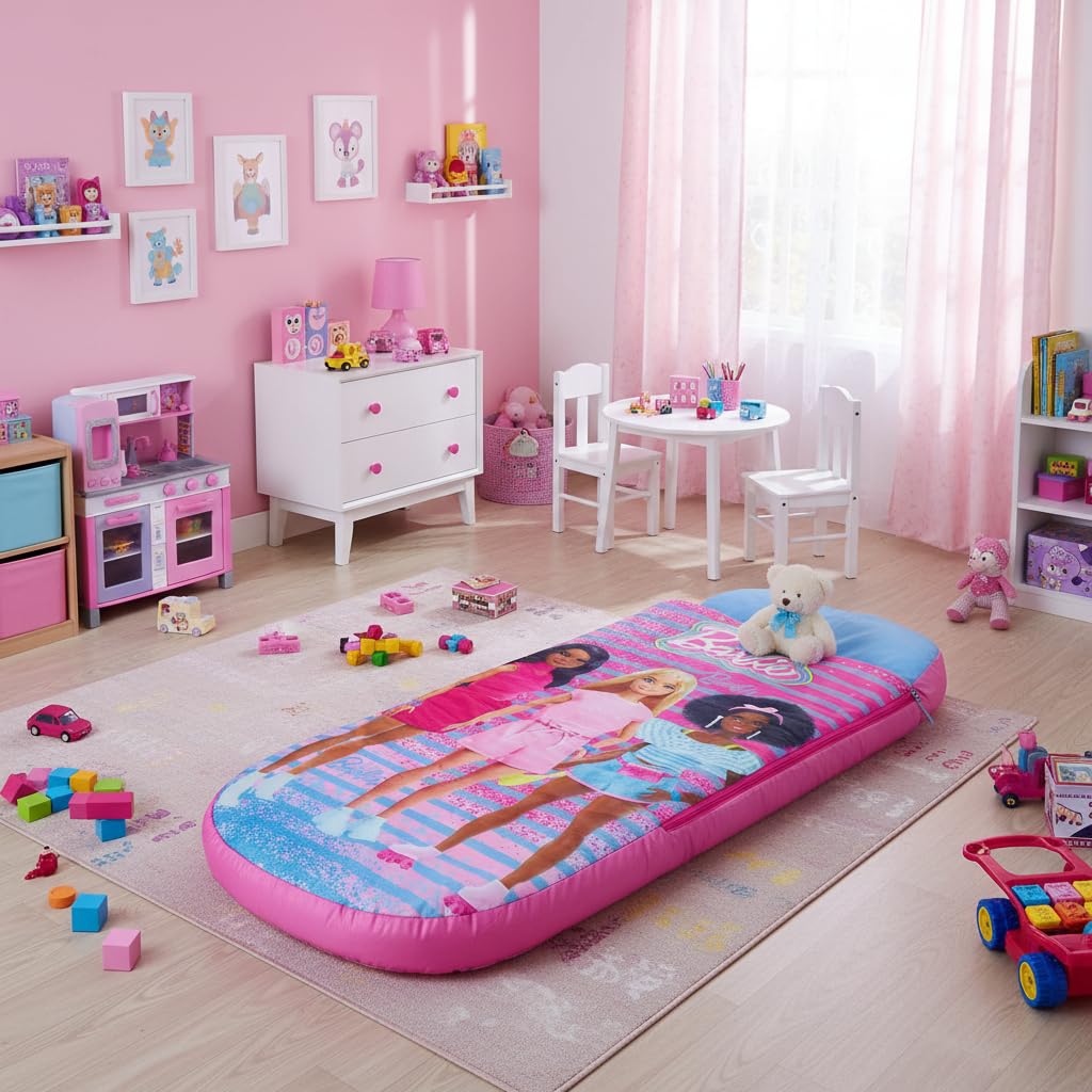 Character World Barbie ReadyBed Kinder Aufblasbares Luftbett und Schlafsack mit Pumpe | Mädchen Reisematratze für Übernachtungen und Camping oder Zuhause