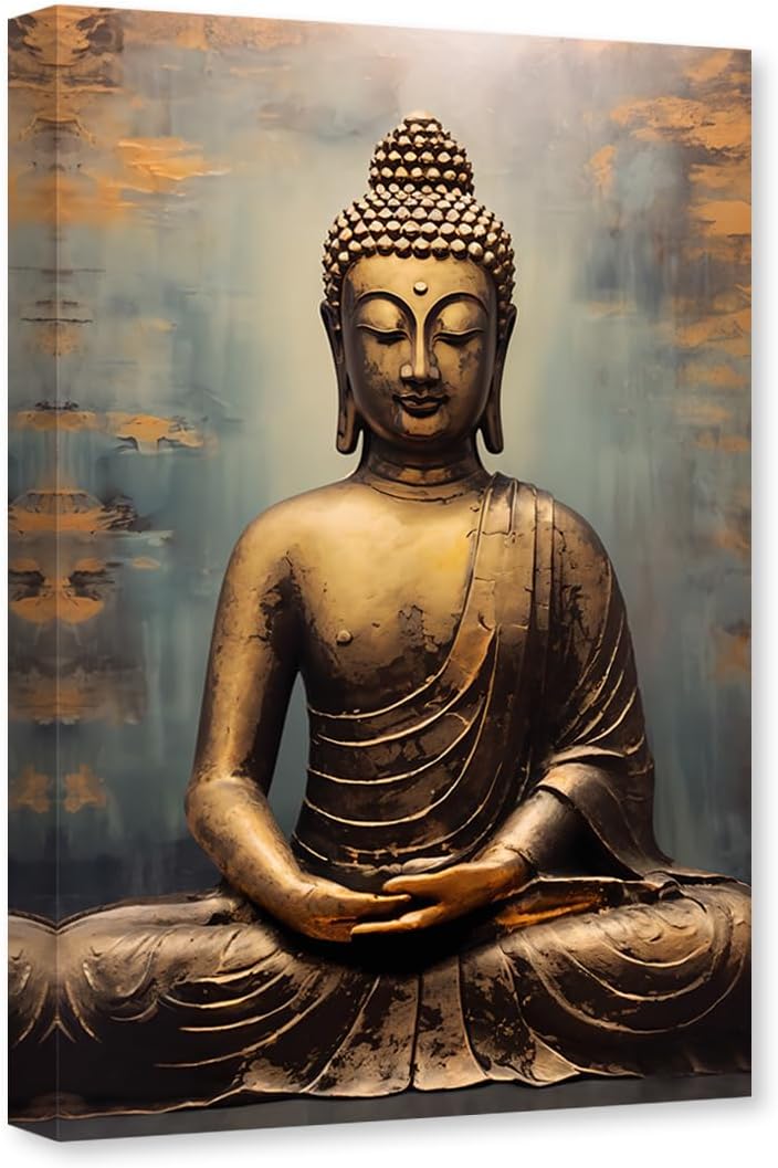 CXHOSTENT Gold Buddha Canvas Wall Art - Zen Wall Decor Vintage Buddha Statue Pictures Painting Meditation Spirit Yoga Room Decor Frame (12.00" x 18.00")