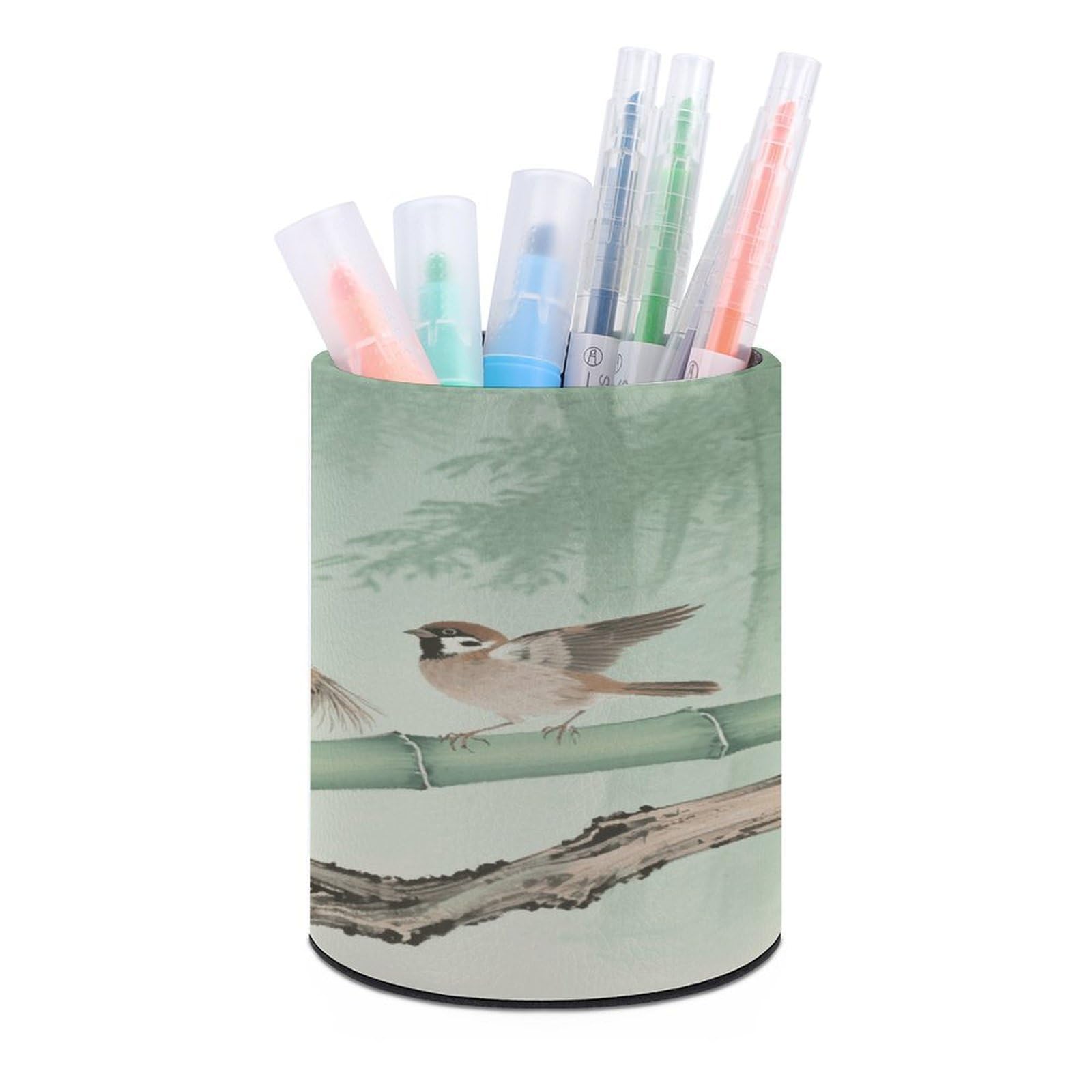 VstaDank Brown Birds on Bamboo Pen Holder for Desk Makeup Brush Holders Stylish Pen Cup Cute Pencil Cup Round Pencil Holder Decor Brush Scissor Holders for Multifunctional Office Supplies