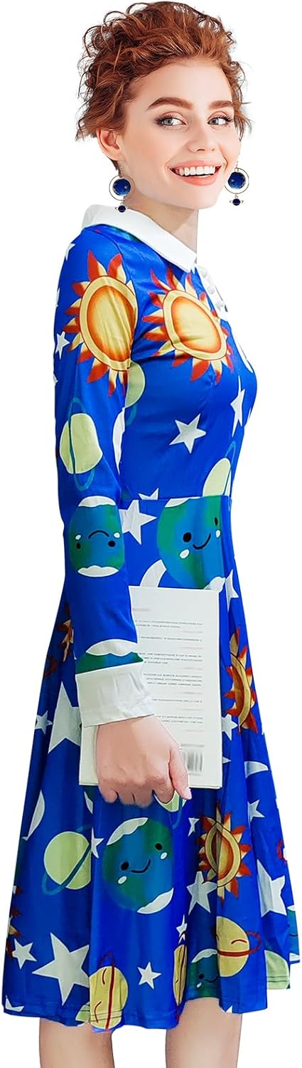 Halloween Women's Planets Stars Moon Solar System Dress Cosplay Costume A-Line Dress - Image 2