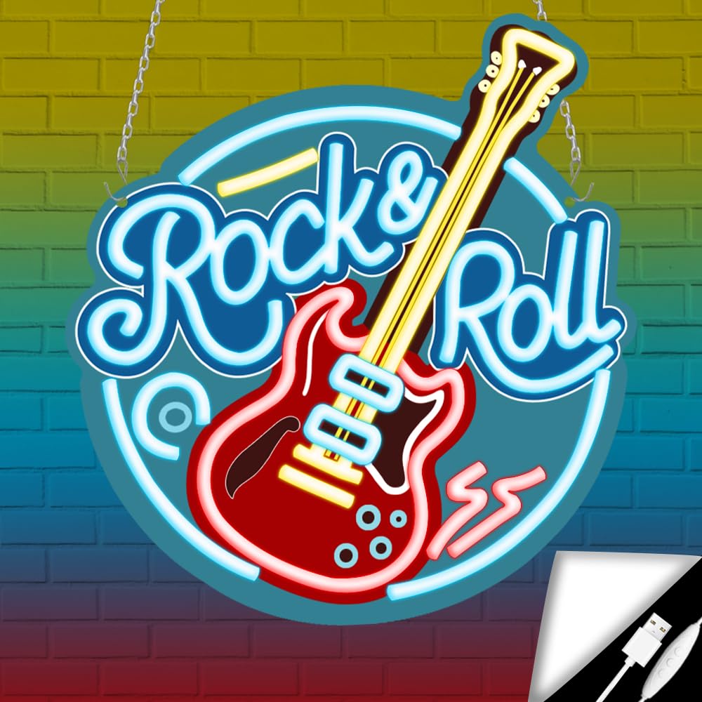 RuCvixkt Letreros de neón Rock Roll para decoración de pared, letrero de neón LED regulable para estudio de música, salón, bar, club, regalo para niños y niñas amantes de la música