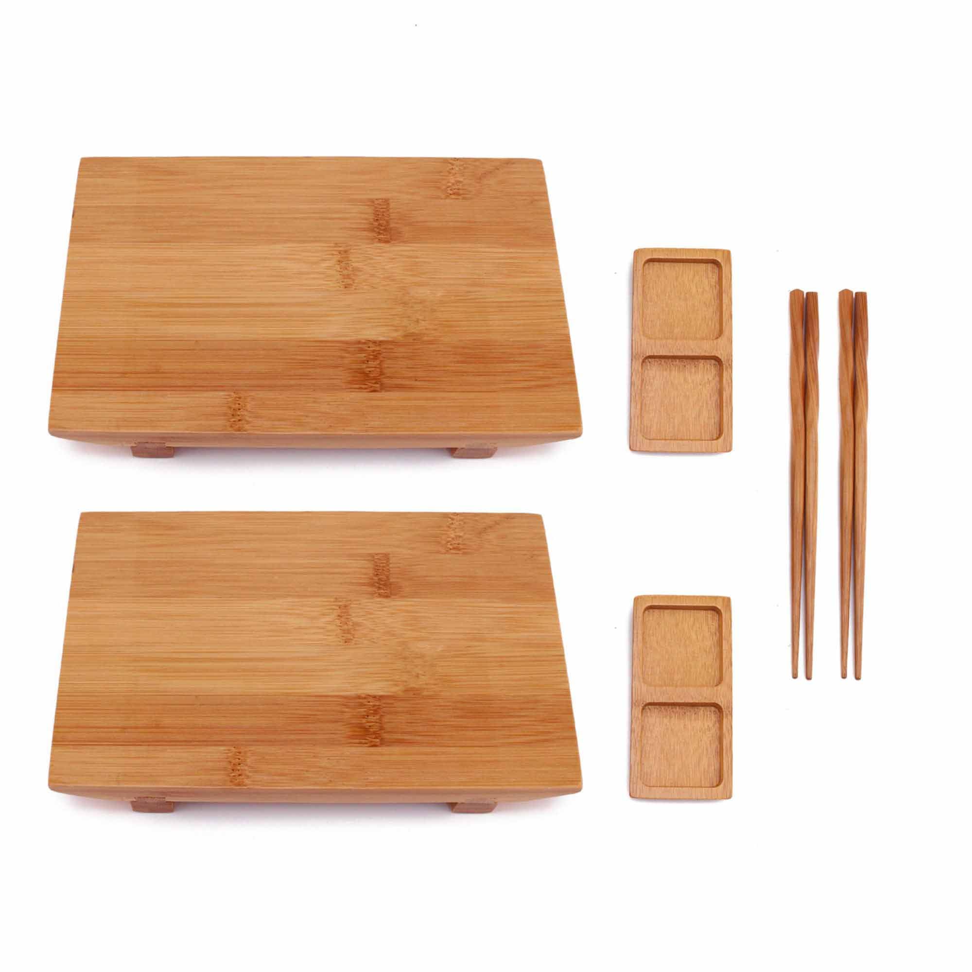 Bamboomn Rectangle Large Bamboo Sushi Plate/Tray, Chopsticks And Compartment Sauce Dish, 11.5" Rectangle - 2 Sets