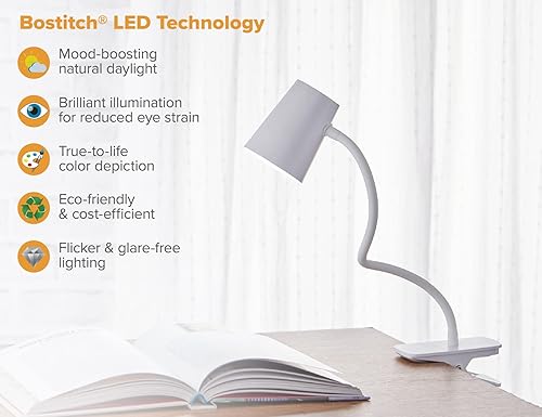Miniatura 7 de Bostitch Luz de abrazadera LED ajustable para oficina, diseño compacto, cuello flexible, sin parpadeo, ventosas para una instalación estable, color