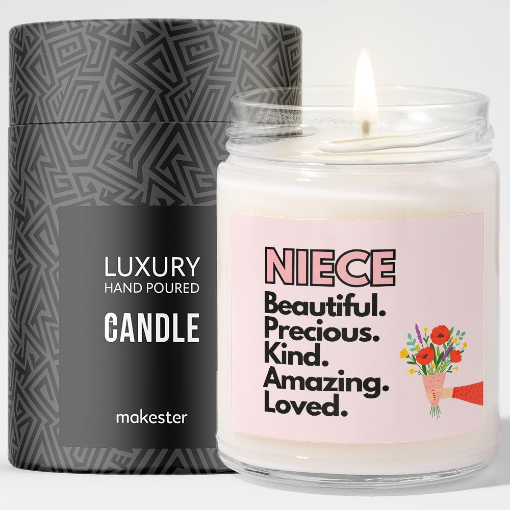 Niece Gifts - Luxury Soy Wax Candle - Vanilla, Jasmine, Sugared Almond - Makester, Light