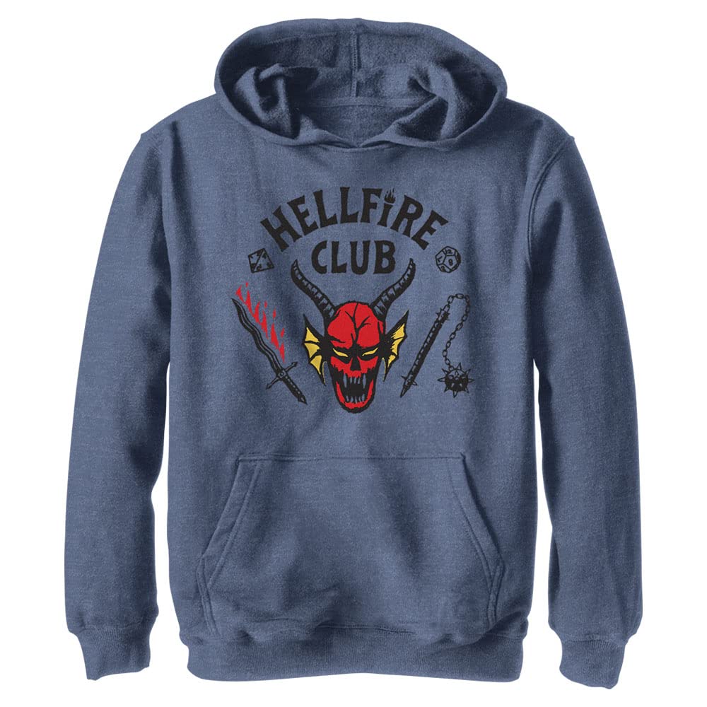 Netflix Navy Blue Heather Kids' Stranger Things Hellfire Cut Youth Pullover Hoodie, S