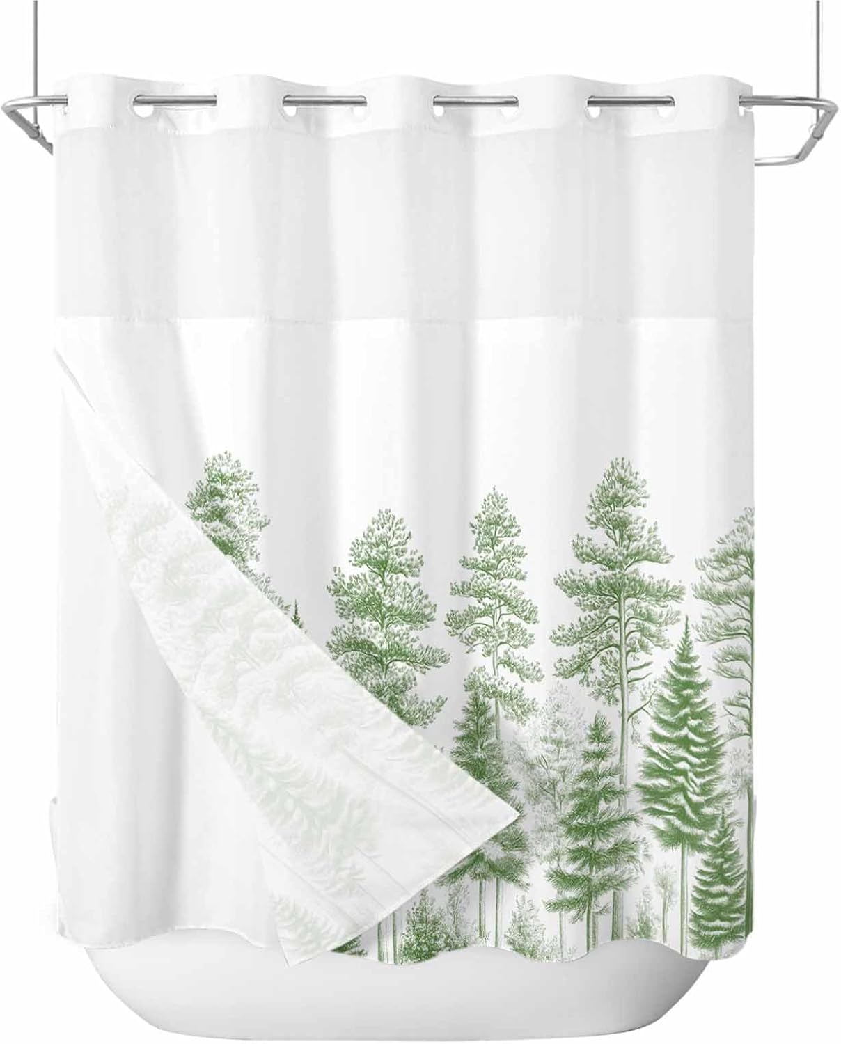 SEVENBABU Tree Green No Hook Shower Curtain with Snap in Liner Waterproof Fabric Shower Curtain Set for Bathroom Vintage Farmhouse Retro Pine Branch Shower Curtain with See Through Top Window 72"x78"