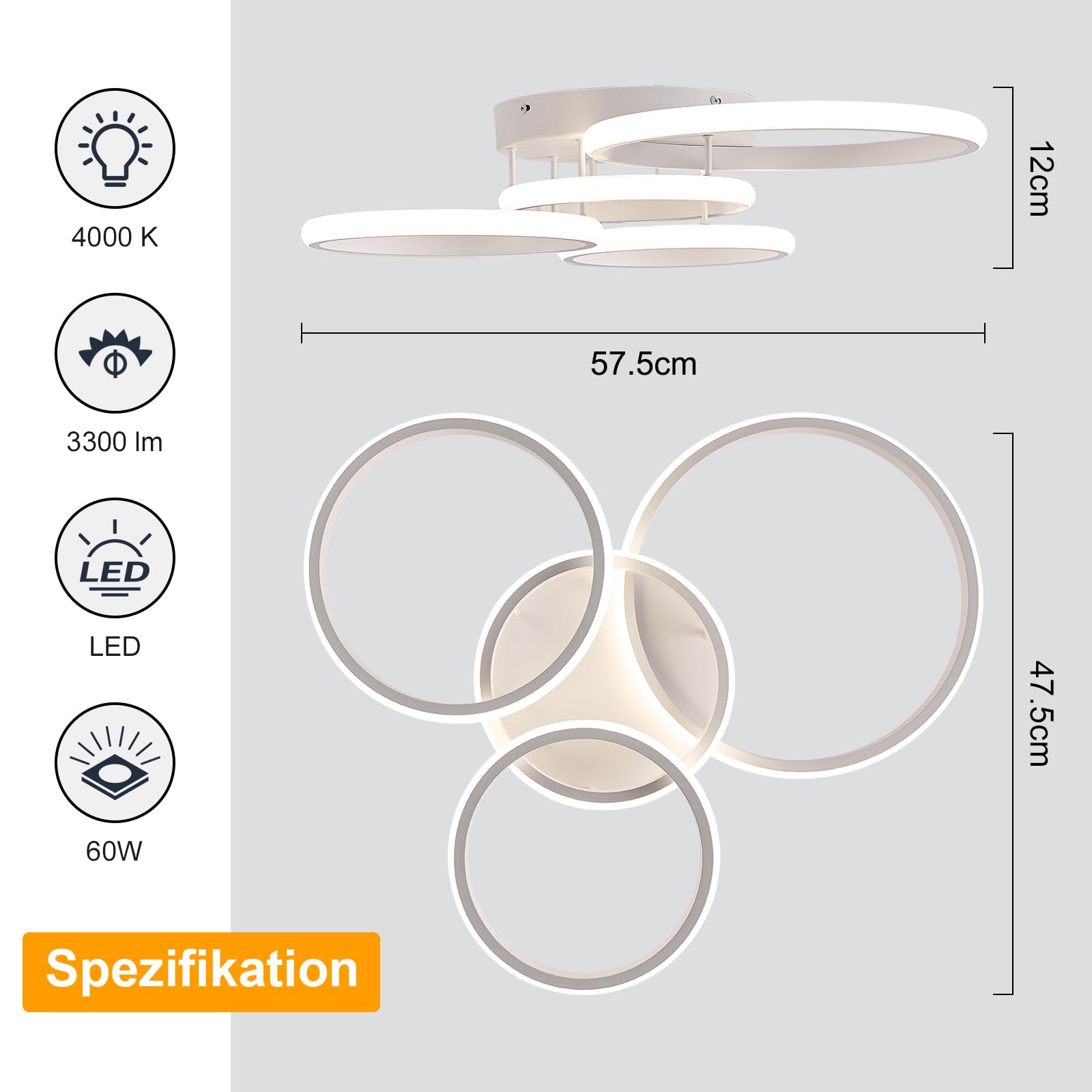 Qamra LED Deckenleuchte, 60 W Weiße Deckenlampe, 4000 K Deckenleuchte, 53 cm Runde Moderne 4-Ring-Deckenleuchte Für Wohnzimmer, Schlafzimmer Und Küche