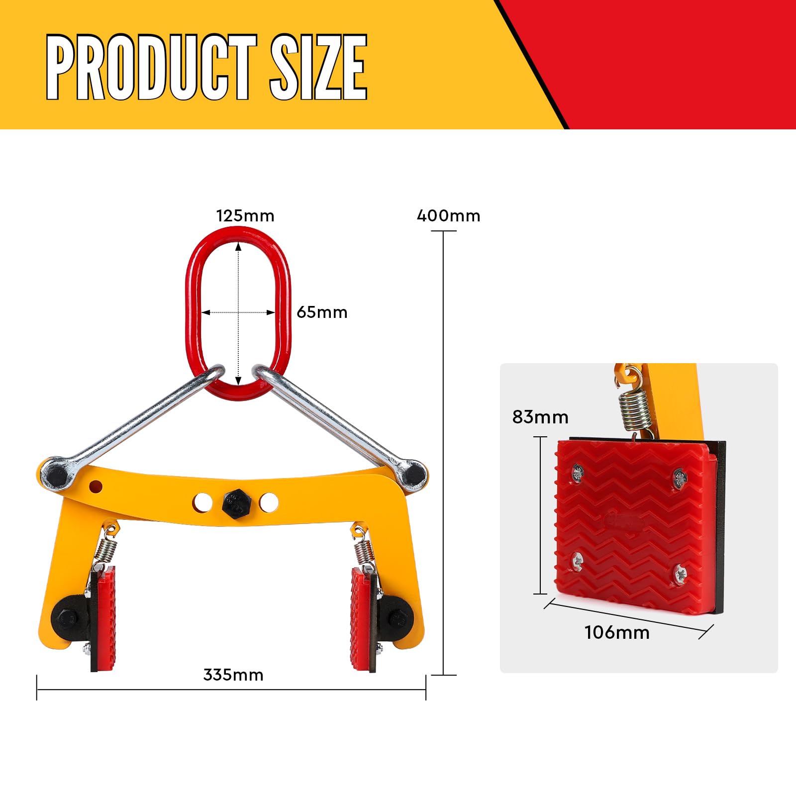 SWAWIS Pinza di Sollevamento per Cordoli Apertura Regolabile 12-24cm Capacità di Carico 280 kg Pinza per Pavimentazione con Cuscinetti Antiscivolo in Gomma per il Trasporto di Pietre o Legname(Giallo)