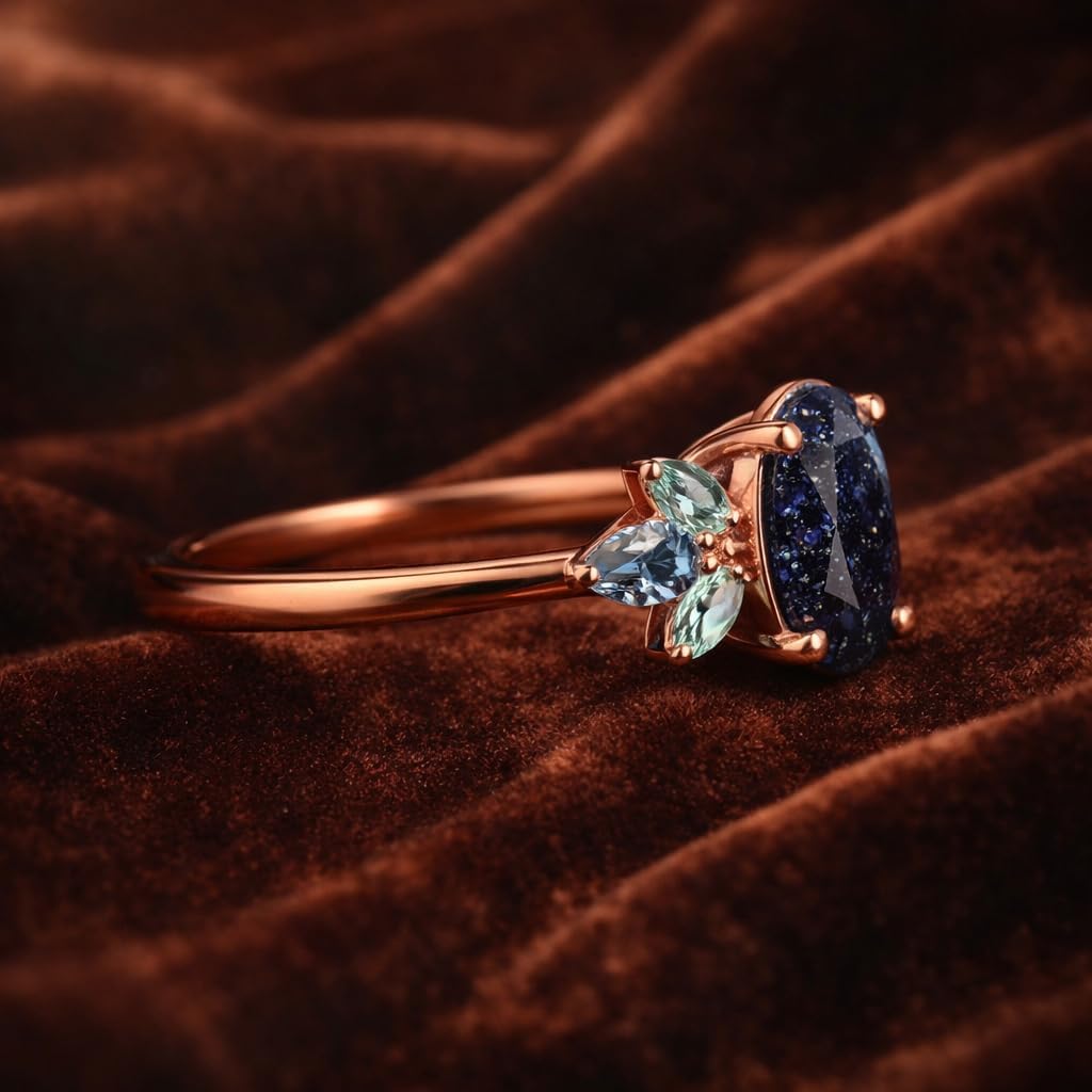 14K Rose Gold Oval Blue Sandstone Engagement Ring Floral Cluster Leaf Ring with Aquamarine Marquise Side Stones Vintage Inspired Promise Unique Alternative Bridal Jewelry Gift for Her