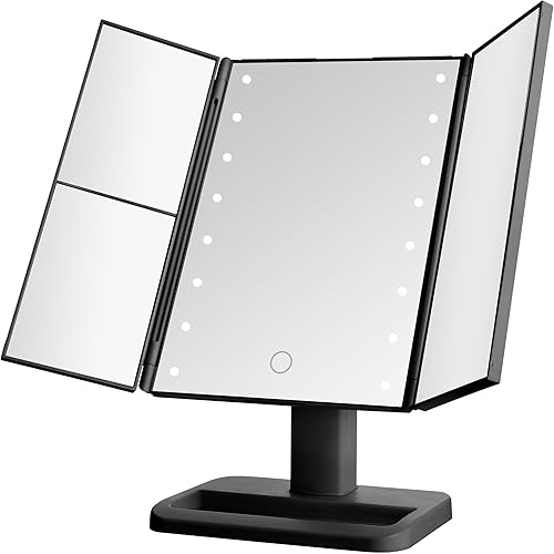 Miniatura 1 de Elements Espejo de tocador LED de tres pliegues, 3 aumentos y luces LED regulables, negro, 7.09 x 4.69 x 11.61 pulgadas