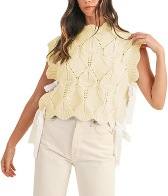 Women Side Tie Sweater Vest Scallop Trim Mock Neck Knit Vest Bow Lace Up Ribbon Sweater Tank Top Knitwear