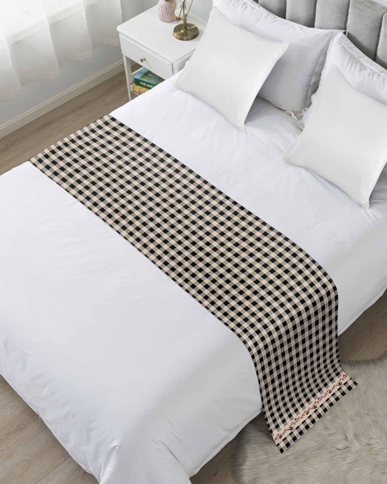 Twin Bed Runner Western Star Berry on Vintage Bedding Runner Scarves Decorative Bed Scarf, Black Checkered Plaid Soft Bed Runners for Bedroom Hotel Wedding 71x20IN