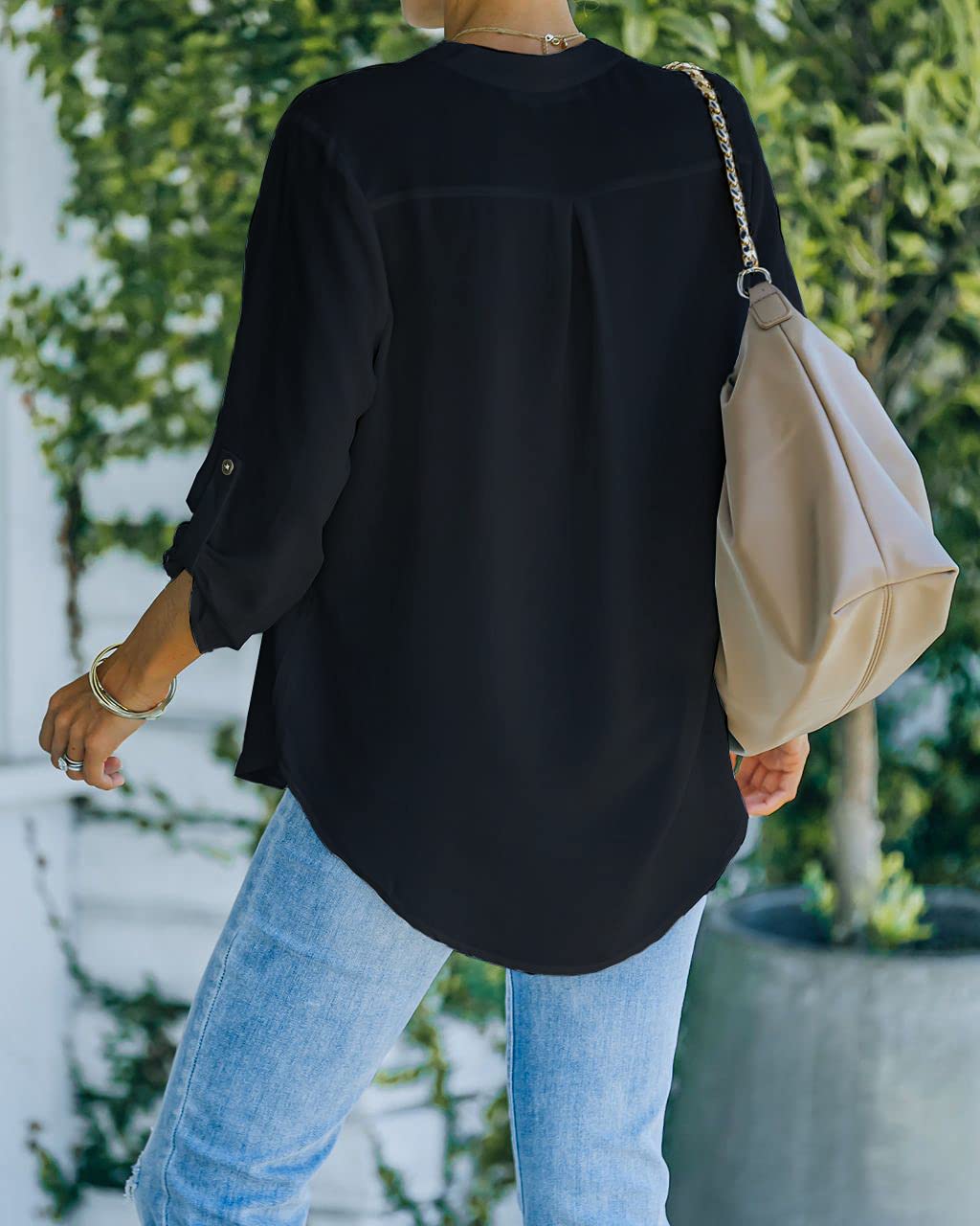 NONSAR Camicetta da donna Henley, elegante, con scollo a V, maniche arrotolabili, in stile casual