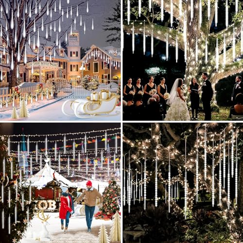 LED Solar String Lights,240 LEDs Snow Falling Romantic Meteor Shower Lights, 10 Tubes 30CM Waterproof Garden Outdoor Christmas Falling Rain Lights for Weddings Party Xmas Tree Decoration (White) - Image 4
