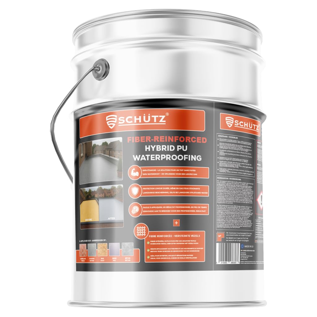 Schütz Étanchéité Liquide PU Hybride Renforcée Fibres 20KG (15m²) – Résine Polyuréthane Toiture & Terrasse – Membrane Imperméable Sans Joint – Résistante UV & Eau Stagnante – Gris claire