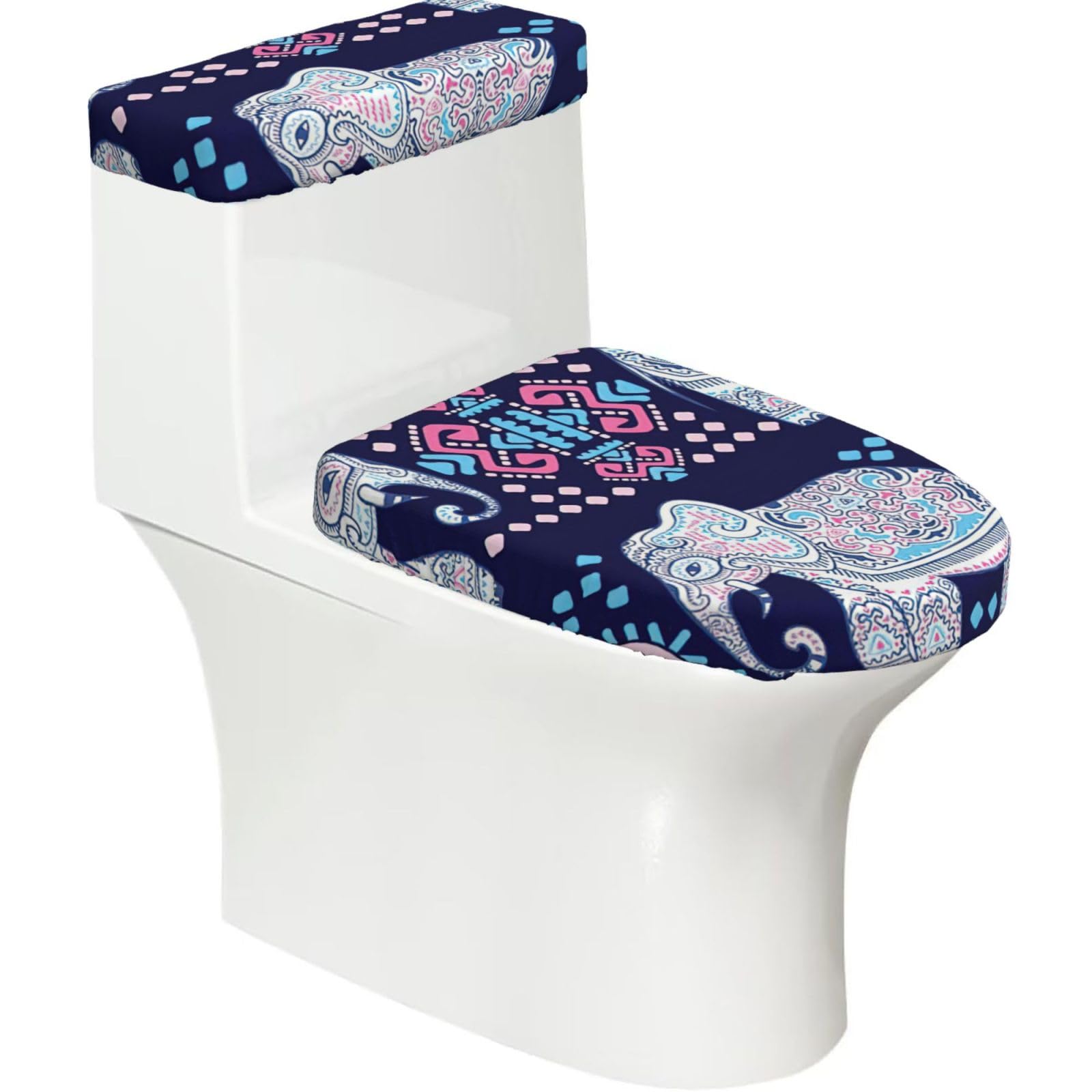 Purple Elephant Print Bathroom Decor Toilet Lid Cover And Tank Covers, Restroom Accessories Fits Most Round