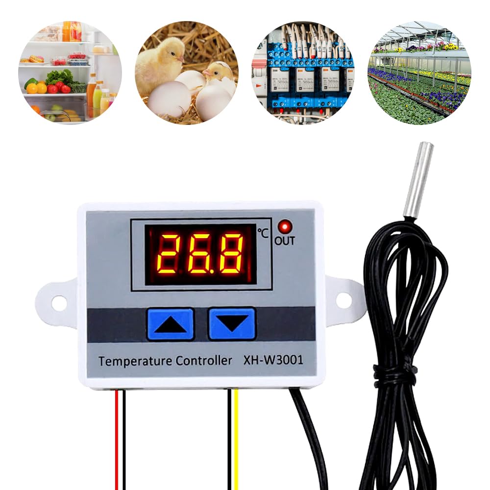 XH-W3001 Digitaler Temperaturregler, 4 Stück Temperaturschalter, DC 12V Digital Thermostat mit Wasserdichter Sonde, Thermostat Schalter für Gewächshaus, Aquarium, Inkubator, Heizung Kühlung
