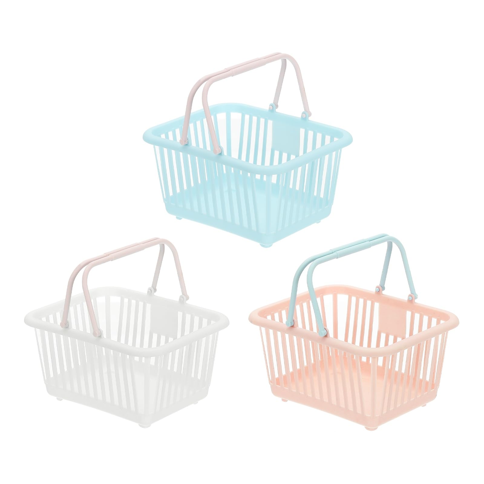 PATIKIL 3PCS Mini Shopping Basket, Small Plastic Basket Mini Storage Basket Grocery Tiny with Handles Organizer Filtered Water for Organizing Toys Eggs Fruits Snacks,Blue White Pink