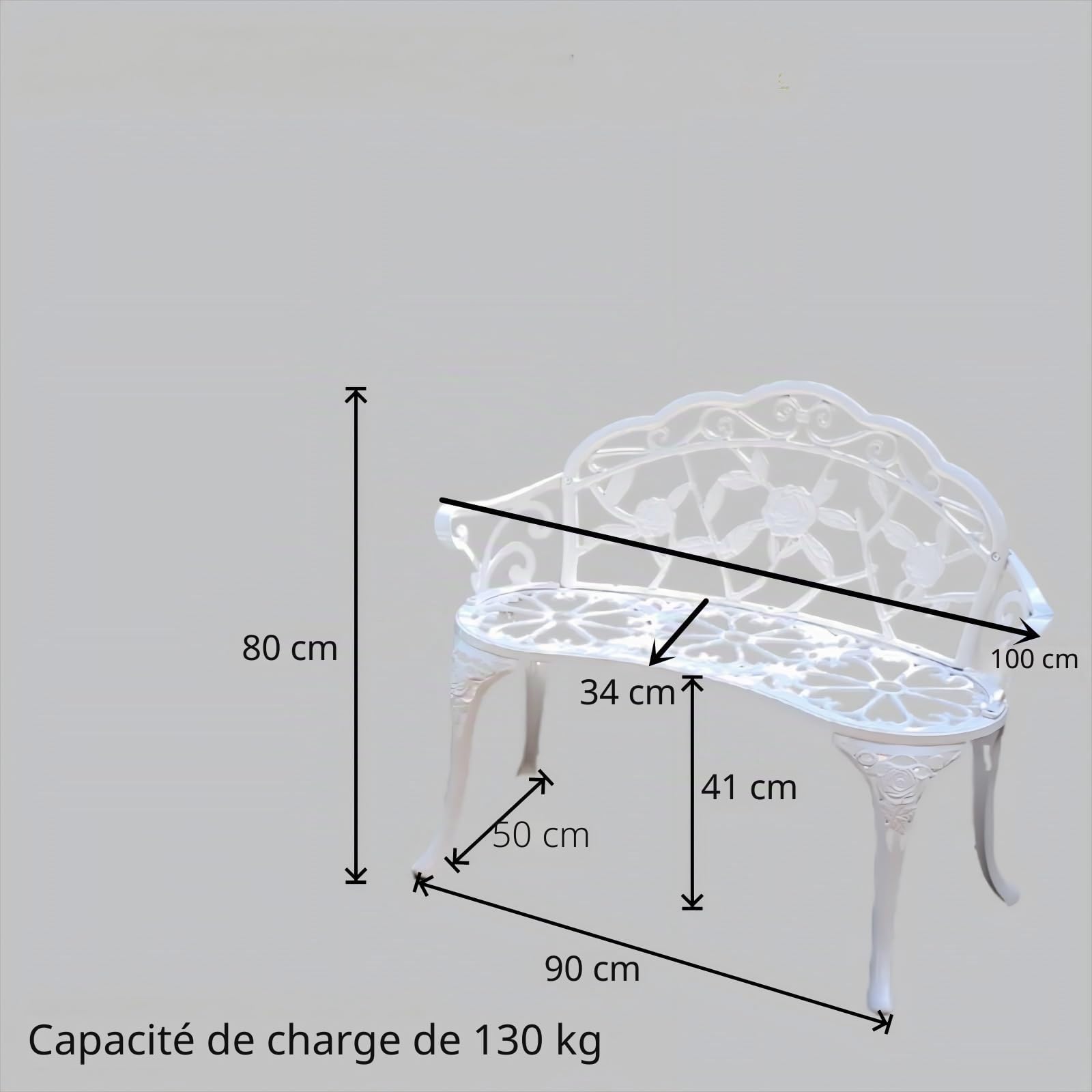Banc de jardin, rose en aluminium, convient pour jardin, véranda, parc, véranda, balcon en plein air (blanc)